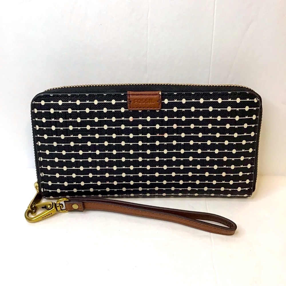 FOSSIL Black & White Patterned Brown Leather Trim Zip Around Wallet Wristlet